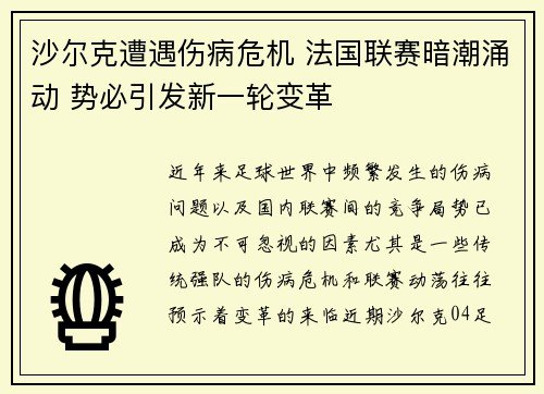 沙尔克遭遇伤病危机 法国联赛暗潮涌动 势必引发新一轮变革