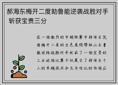 郝海东梅开二度助鲁能逆袭战胜对手 斩获宝贵三分