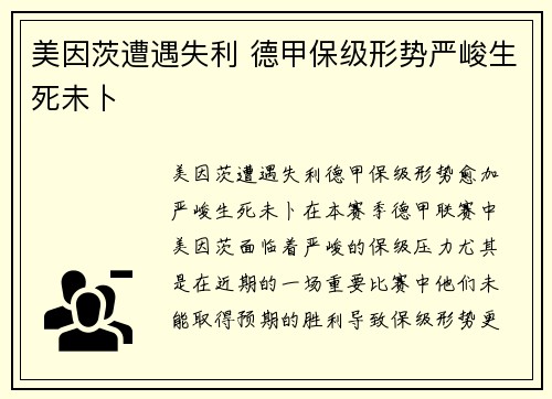 美因茨遭遇失利 德甲保级形势严峻生死未卜